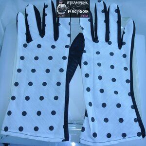 VINTAGE BLACK WHITE POLKA DOTS HALF & HALF NYLON WRIST LENGTH GLOVES - MASS PROD